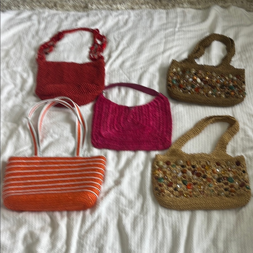 5 various crocheted type/straw purses